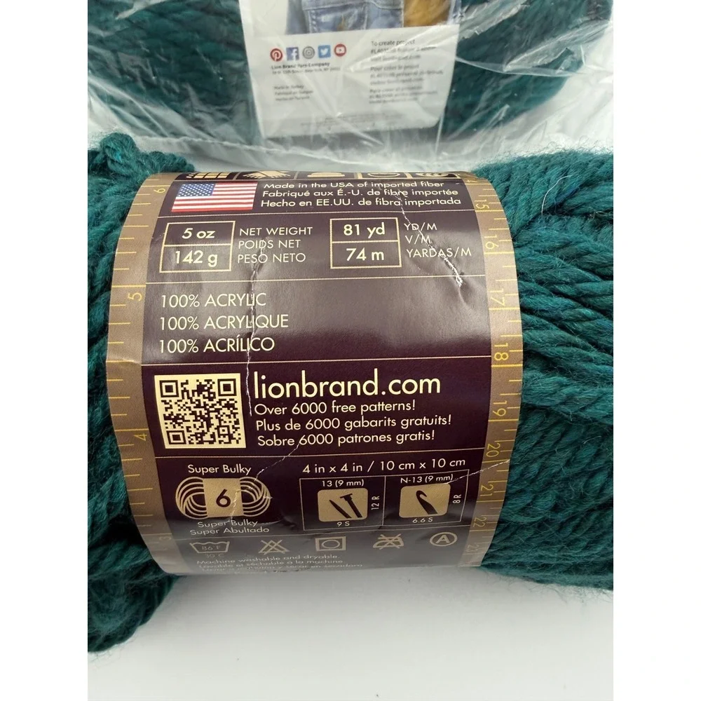 2 Skeins Lion Brand Yarn 135-175E Hometown Bulky Yarn, Montpelier Peacock